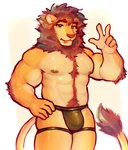 anthro body_hair bulge clothing glistening glistening_body happy_trail huge_thighs jockstrap male pecs solo thick_thighs underwear nikiervhin felid lion mammal pantherine hi_res