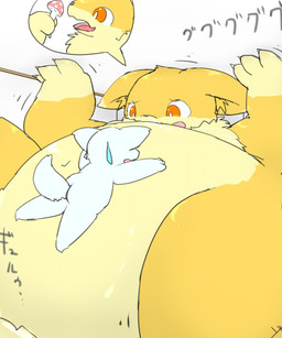 anthro belly big_belly body_size_growth cramped duo extreme_size_difference featureless_crotch fungus fur hands_on_ceiling implied_growth inside kemono larger_anthro macro mushroom orange_eyes room_filling size_difference size_transformation smaller_anthro transformation white_body yellow_body yellow_fur dos_xor hi_res