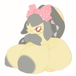 anthro areola big_breasts biped bodily_fluids bow_(feature) bow_accessory bow_ribbon breasts female front_view gloves_(marking) hands_together huge_breasts huge_thighs kneeling looking_at_viewer markings multicolored_body nipples non-mammal_nipples nude nude_female red_eyes simple_background solo tears teeth thick_thighs three-quarter_view two_tone_body white_background yellow_body white_slime_(artist) don't_attack_me_mawile nintendo pokemon generation_3_pokemon mawile pokemon_(species) 1:1 2026 digital_media_(artwork) hi_res
