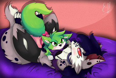 3_toes anthro barefoot bed black_nose blush breasts claws clothed clothing collar cuddling duo ear_piercing feet female female/female fur furniture green_body green_eyes green_fur grey_body grey_fur hair love lying multicolored_body multicolored_fur on_back on_bed piercing purple_body purple_fur purple_hair red_sclera scarf simple_background toes two_tone_body two_tone_fur white_body white_fur e-01 hellverse mythology inclementia zero_one canid canid_demon canine canis demon hellhound mammal mythological_canine mythological_creature wolf zerian_(species) digital_media_(artwork) hi_res