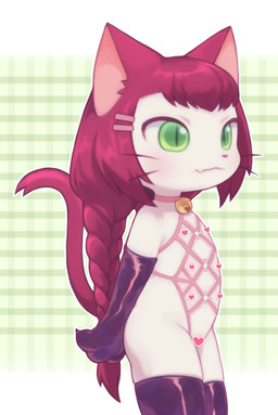 accessory anthro armwear bdsm bell bell_collar blush braided_hair censored_nipples clothing collar elbow_gloves female flat_chested fur gloves green_eyes hair hair_accessory hairclip handwear heart_censor heart_symbol multi_nipple nipples pupils red_hair red_tail slit_pupils solo tail whiskers white_body white_fur young roboto_(artist) cat_busters neko_hakase domestic_cat felid feline felis mammal 2020 censored hi_res portrait three-quarter_portrait adult_(lore)