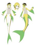 arm_fins blonde_hair blue_eyes clothing dorsal_fin ear_fins female fin flat_chested hair hat headgear headwear humanoid_pointy_ears membrane_(anatomy) pelvic_fins scales simple_background sleeveless_shirt solo split_form tail tail_fin webbed_hands white_background white_body white_scales yellow_body yellow_scales madiblitz macross kaname_buccaneer humanoid marine merfolk absurd_res hi_res model_sheet