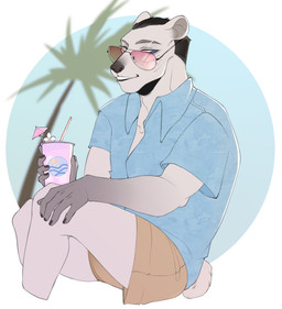 anthro bent_legs beverage black_hair black_nose blue_clothing blue_eyes blue_shirt blue_topwear clothing constellation_markings container countershade_arms countershade_ears countershading cup drinking_straw eyewear fur glasses gradient_fur grey_body grey_fur hair khaki_shorts looking_down male nails nub_tail palm_leaves palm_tree pink_eyewear pink_glasses plant shirt sitting solo teeth topwear tree umbrella_drink white_body white_fur mude lun_(lunerman) bear mammal polar_bear ursine hi_res