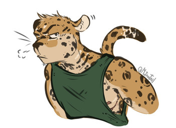 anthro clothed clothing fur fur_markings green_clothing grumpy male male_anthro markings mastectomy_scar nipples scar shirt simple_background solo tank_top topwear mutantail felid jaguar mammal pantherine trans_(lore) trans_man_(lore)