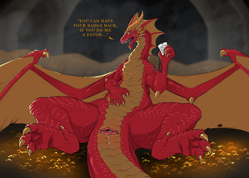 animal_genitalia bodily_fluids claws cloaca cloaca_juice coin countershade_torso countershading dialogue female female_feral feral finger_claws genital_fluids genitals gold_(metal) gold_coin horizontal_cloaca long_neck looking_at_viewer membrane_(anatomy) membranous_wings open_mouth presenting presenting_cloaca pupils reclining red_body red_scales scales slit_pupils snout solo spread_legs spreading talking_to_viewer text toe_claws wings yellow_body yellow_scales flamespitter european_mythology mythology dragon mythological_creature mythological_scalie scalie western_dragon 2025 english_text hi_res shaded