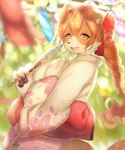 4_fingers anthro asian_clothing big_breasts blurred_background braided_hair breasts brown_body brown_fur brown_hair brown_nose claws clothed clothing cute_fangs east_asian_clothing fangs female female_anthro finger_claws fingers floppy_ears fur hair japanese_clothing kemono kimono looking_at_viewer multicolored_body multicolored_fur open_mouth open_smile paper_fan pawpads ponytail smile solo teeth tongue two_tone_body two_tone_fur white_body white_fur yellow_eyes nalu_ame021 canid canine canis domestic_dog mammal 2021 digital_media_(artwork) hi_res