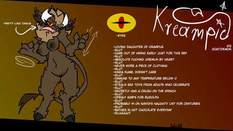 anthro breasts brown_body brown_fur claws digitigrade eye_through_hair female floppy_ears fur genitals hair holidays hooves horn inner_ear_fluff long_tail long_tongue looking_at_viewer mane nipples nude nude_anthro nude_female profanity red_eyes sharp_teeth solo tail tail_tuft tan_body tan_fur teeth text tongue translucent translucent_hair tuft vulva yellow_sclera wub_(artist) christmas kreampie_(wub) bovid caprine caprine_demon demon goat goat_demon mammal 16:9 english_text hi_res model_sheet signature widescreen