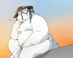 anthro belly big_belly clothing hat headgear headwear kemono leaf male moobs overweight overweight_male sitting solo inunoshippo canid canine canis domestic_dog mammal 2022 5:4 hi_res