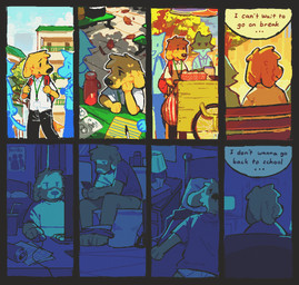 8_panel_comic anthro apartment_building backpack bathroom bed bedding bedroom bench bendy_straw black_background black_clothing black_ears black_nose black_topwear blue_body blue_light bottle bottomwear bottomwear_down building cable can charging_phone closed_smile clothed clothing computer_desk computer_keyboard computer_monitor computer_mouse container cup depression desk dim_lighting disposable_cup drinking_straw electronics ellipsis empty_can floppy_ears food food_cart furniture green_roof group hand_on_computer_mouse hand_on_face headboard house lamp lanyard leaf lined_paper looking_at_object looking_at_phone looking_into_the_distance lying lying_on_bed male mirror mouth_closed notebook on_bed on_bench on_toilet pants pants_down paper partially_clothed phone phone_charger pillow plunger poster red_backpack red_text sad school_uniform shadow simple_background sitting sitting_on_bench smile snout solo solo_focus student sunset table text thought_bubble tile tissue tissue_box toilet tools topwear underwear uniform water_bottle white_clothing white_topwear white_underwear window window_curtains papyuuno sharpie bird_dog canid canine canis domestic_dog golden_retriever hunting_dog mammal retriever 2026 colored comic digital_drawing_(artwork) digital_media_(artwork) english_text hi_res