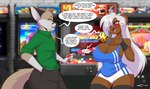 anthro arcade arcade_machine arcade_stick big_breasts blue_eyes blush bottomwear breast_squish breasts brown_body brown_fur cleavage cleavage_overflow clothed clothing curvy_figure detailed_background dialogue duo eyelashes female fingers flirting fur hair hand_in_pocket joystick long_hair male multicolored_body multicolored_fur one_eye_obstructed open_mouth pockets shirt shorts smile speech_bubble squish standing talking_to_another tan_body tan_fur tank_top teeth text thick_thighs tongue topwear two_tone_body two_tone_fur voluptuous white_body white_fur white_hair wide_hips yellow_eyes mastergodai naomi_(mastergodai) sly_asakura bear canid canine canis fox hybrid mammal wolf 2021 digital_media_(artwork) english_text hi_res