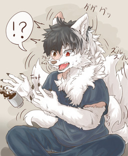 anthro beverage black_hair blue_bottomwear blue_clothing blue_pants blue_shirt blue_topwear bodily_fluids body_part_growth bottomwear brown_eyes claws clothing coffee container cup ear_expansion expansion fangs finger_claws fur fur_growth grey_background growth hair heterochromia human_to_anthro interrobang looking_at_self male mid_transformation multi_tail open_mouth pants red_eyes shirt short_hair simple_background sitting snout solo species_transformation speech_bubble sweat tail tail_growth teeth text tongue topwear torn_clothing torn_shirt torn_topwear transformation white_body white_fur yakumomidori1 canid canine fox human mammal hi_res japanese_text shaded