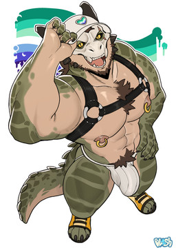 anthro beard black_sclera body_hair bone bone_mask brown_hair chest_hair chin_spikes claws clothing eye_scar facial_hair facial_scar facial_spikes footwear hair harness hat headgear headwear horn jockstrap lgbt_pride male mask nipple_piercing nipple_ring nipples open_mouth piercing pride_colors ring_piercing scar shoes skull skull_mask solo spikes spikes_(anatomy) tail toeless_footwear toeless_shoes underwear vincian_pride_colors yellow_eyes bluesh mythology ankou_(ankouno) crocodile crocodilian dragon mythological_creature mythological_scalie reptile scalie absurd_res hi_res