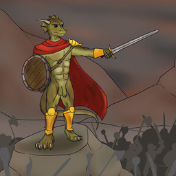 anthro armor balls battle bracers cloak clothing frill_(anatomy) genitals horn male melee_weapon muscular nude pauldron shield shin_guards shoulder_plates solo sword torn_clothing unconvincing_armor weapon fyreblazes lizardman scalie 1:1 hi_res