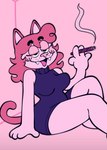 anthro breasts cigarette clothing dress fangs female fur hair open_mouth pink_background pink_body pink_fur purple_clothing purple_dress simple_background sitting smoking smoking_cigarette solo tail teeth creator_ant amy_(creator_ant) domestic_cat felid feline felis mammal hi_res