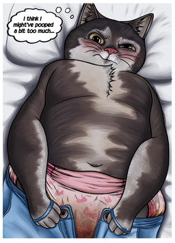 ambiguous_gender anthro bed blush border bottomwear bottomwear_pull chest_tuft clothed clothing clothing_pull denim denim_bottomwear denim_clothing diaper diaper_under_clothing feces front_view fur furniture jeans jeans_pull lying on_back on_bed pants pants_pull partially_clothed pulling_up_pants soiled_diaper solo text thought_bubble tuft unclean_diaper used_diaper wearing_diaper white_border atotom912 domestic_cat felid feline felis mammal absurd_res digital_media_(artwork) english_text hi_res