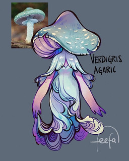 cape clothing dress faceless faceless_character faceless_female female for_a_head fungus gradient_arms mushroom mushroom_cap mushroom_head simple_background solo text verdigris_agaric feefal funguary elemental_creature elemental_humanoid fungi_fauna fungi_humanoid humanoid mushroom_humanoid cool_colors digital_media_(artwork) reference_image