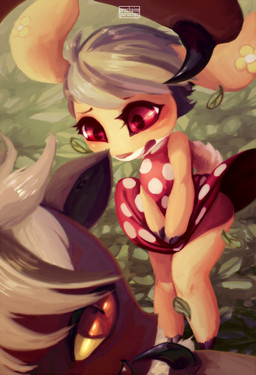 anthro blush brown_hair clothing dress duo fangs female flower fur hair leaf male plant red_eyes smile tan_body tan_fur teeth wind purochen magician's_quest:_mysterious_times meg_(magician's_quest) shinya_(magician's_quest) bat deer mammal absurd_res hi_res