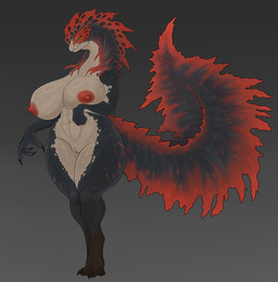 3_toes abs anthro arm_under_breast avian_caruncle big_breasts big_tail black_body black_hair black_scales breasts claws comb_(anatomy) digitigrade feet female fin frown genitals hair head_crest long_hair looking_at_viewer markings multicolored_body multicolored_hair multicolored_scales muscular muscular_anthro muscular_female navel neck_hair nipples red_comb_(anatomy) red_hair red_nipples red_spots scales sharp_teeth solo spots spotted_markings tail tail_fin tan_body tan_scales teeth toe_claws toes tusks two_tone_body two_tone_scales vulva wide_hips yellow_eyes khemmmis capcom monster_hunter fan_character avian bird brute_wyvern chicken galliform hybrid phasianid quematrice reptile scalie absurd_res hi_res story story_in_description
