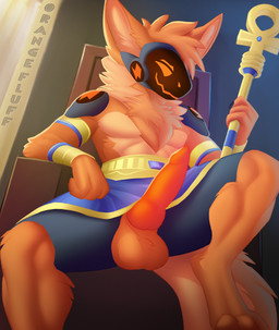 4_fingers abs animal_genitalia animal_penis anthro armor athletic athletic_anthro athletic_male balls bottomwear chair claws clothed clothing clothing_lift egyptian egyptian_clothing erection erection_under_skirt finger_claws fingers fluffy fluffy_balls fluffy_tail furniture gem genitals gold_(metal) gold_jewelry hair inside jewelry knot light light_beam long_hair looking_at_viewer looking_down looking_down_at_viewer machine male morning neck_tuft penis screen screen_face simple_background skirt skirt_lift solo staff sunlight tail throne throne_room tuft visor wall_(structure) orangefluff orangefluff_(protogen) canid canine mammal protogen absurd_res hi_res huge_filesize