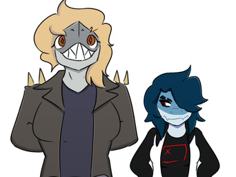 anthro blonde_hair blue_body blue_hair blue_scales breasts brown_eyes clothing duo eyelashes female front_view grey_body grey_clothing grey_jacket grey_scales grey_topwear hair hair_over_eye hands_behind_back jacket long_hair multicolored_body multicolored_scales red_eyes scales sharp_teeth simple_background smile teeth topwear two_tone_body two_tone_scales white_background jacket_ignites cavemanon_studios snoot_game mariana_(megalovemania) valerie_(mellowcapsaicin) aquatic fish mackerel_shark megalodon prehistoric_species shark 2024 digital_drawing_(artwork) digital_media_(artwork)
