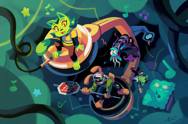 anthro armor bass_guitar bottomwear brown_body brown_fur clothing electronics female fur green_body green_hair group guitar hair headgear headphones helmet high-angle_view male musical_instrument musical_note musical_symbol open_mouth pants plucked_string_instrument standing stop_sign string_instrument symbol tail nathalie_fourdraine tynk!_and_the_final_phonorecord lion_knight_(tynk) tynk_(tynk) domestic_cat felid feline felis humanoid lagomorph leporid mammal rabbit absurd_res digital_media_(artwork) hi_res