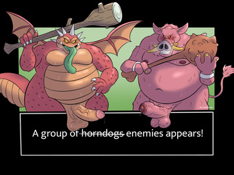 anthro balls belly big_belly bodily_fluids duo erection genitals male moobs navel nipples overweight overweight_male penis saggy_balls sweat text weapon dober dragon_quest square_enix half_hog mammal night_clubber suid suine sus_(pig) wild_boar 2026 english_text hi_res