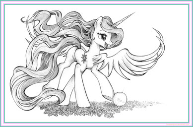 ball blue_border border butt cutie_mark female feral hair horn long_hair long_tail open_mouth open_smile quadruped rear_view simple_background smile solo spread_wings tail text white_background wings uminanimu friendship_is_magic hasbro my_little_pony mythology princess_celestia_(mlp) equid equine horse mammal mythological_creature mythological_equine pony winged_unicorn 2015 absurd_res english_text graphite_(artwork) hi_res monochrome traditional_media_(artwork) url