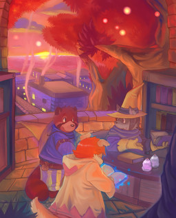 anthro belt book bottle bottomwear building cloak clothed clothing container detailed_background fur group hat headgear headwear high-angle_view house magic magic_user male pants plant shelf smoke standing sunset tail toony tree water wood gazpacho canid canine canis domestic_dog mammal raccoon_dog tanuki detailed hi_res