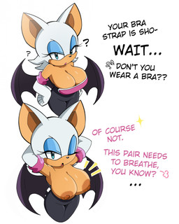 anthro areola armwear bare_shoulders bat_wings big_breasts black_nose blue_eyes blue_eyeshadow bodysuit breasts brown_areola brown_nipples cleavage clothed clothing deep_cleavage dialogue elbow_gloves eyelashes eyeshadow female gloves hair half-closed_eyes hands_behind_head hands_on_hips handwear legs_together looking_at_viewer makeup membrane_(anatomy) membranous_wings narrowed_eyes nipples offscreen_character one_eye_closed short_hair simple_background skinsuit solo standing text tight_clothing white_background white_hair wings sirsmolnsfw bra_strap_showing_(meme) sega sonic_the_hedgehog_(series) rouge_the_bat bat mammal 2026 absurd_res english_text hi_res meme