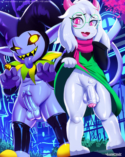 anthro bodily_fluids clothing genital_fluids genitals glistening glistening_body glistening_genitalia glistening_penis jester latex latex_clothing latex_legwear latex_thigh_highs legwear looking_pleasured male male/male penis precum pubes shortstack shortstack_male thigh_highs ichimoral deltarune undertale_(series) jevil_(deltarune) ralsei bovid caprine darkner goat humanoid mammal hi_res