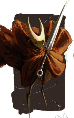 2_horns ambiguous_gender anthro biped black_body black_eyes cloak clothed clothing empty_eyes fingers holding_melee_weapon holding_object holding_weapon horn melee_weapon red_cloak red_clothing solo standing thread weapon anelfchay hollow_knight_(franchise) team_cherry hornet_(hollow_knight) arthropod 2026 hi_res
