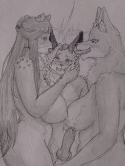 ahegao animal_genitalia animal_penis anthro areola big_breasts big_penis blush bodily_fluids breasts canine_genitalia canine_penis ear_lick ear_penetration eye_roll female fluffy_ears fur genital_fluids genitals group group_sex hair holding_another's_sheath holding_head holding_sheath huge_breasts implied_orgasm licking long_hair looking_pleasured male male/female markings neck_tuft nipples penetration penis ponytail precum sex sheath sheath_grab slightly_chubby slightly_chubby_female slim_male spots spotted_body spotted_fur threesome tongue tongue_out tuft alex_hound connor_(alex_hound) eleanor_(alex_hound) vanessa_(alex_hound) canid canine deer fox mammal 3:4 graphite_(artwork) hi_res traditional_media_(artwork)