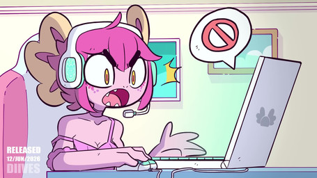 anthro black_eyebrows blush blush_lines bra breasts brown_pupils cartoon_freckles cleavage clitoral_hood close-up clothed clothing collarbone computer computer_mouse electronics eyebrows female female_anthro fin first_person_view freckled_face freckles genitals hair head_fin headphones laptop livestream low-angle_view midriff navel no_underwear non-mammal_breasts orange_eyes pink_hair pink_vulva pupils sharp_teeth sitting small_waist spats teeth teeth_showing text text_on_clothing thick_eyebrows thick_thighs underwear vulva yelling diives sound_warning celadon_(va) vtuber vitzy_(vitzypie) amphibian aquatic axolotl mole_salamander salamander 16:9 2026 2d_animation animated digital_media_(artwork) hi_res short_playtime sound video voice_acted watermark widescreen