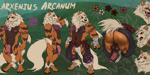 abs anthro anthrofied arm_markings balls bared_teeth big_penis black_nose bodily_fluids brown_balls brown_body brown_fur butt clothed clothing erection flaccid front_view fur genital_piercing genitals hand_on_hip humanoid_genitalia humanoid_penis leg_markings male markings mouth_closed muscular muscular_anthro muscular_male nipples nude open_mouth orange_body orange_fur pecs penis penis_piercing piercing pink_nipples pink_penis pokemorph prince_albert_piercing purple_markings rear_view red_eyes red_tongue side_view solo sweat sweaty_butt tongue topless chumbasket nintendo pokemon larxenius_arcanum arcanine generation_1_pokemon pokemon_(species) absurd_res hi_res model_sheet