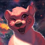 anthro cosmic_background eyelashes facial_markings fangs female front_view fur glistening glistening_eyes happy head_markings head_tuft looking_at_viewer markings nebula nude open_mouth open_smile pink_body pink_fur purple_eyes smile solo space space_background star teeth text tuft mylafox 1:1 2021 bust_portrait dated hi_res portrait url