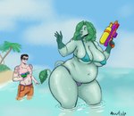 anthro beach bikini breasts camel_toe clothing duo female larger_female laser_sight male male/female muscular muscular_female overweight overweight_female seaside size_difference slightly_chubby slightly_chubby_female sunburn swimming_trunks swimwear tattoo thick_thighs toy toy_gun two-piece_swimsuit water_gun wide_hips awful_lad garth_(awful_lad) minty_(awful_lad) bovid bovine cattle human mammal absurd_res hi_res