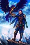 ambiguous_gender anthro armor blue_body blue_feathers clothed clothing cloud crossgender duo feathered_wings feathers feet feral flower hair looking_at_viewer male mountain outside plant pose purple_hair scar sky talons toes wings yellow_eyes solthrys league_of_legends riot_games tencent quinn_(lol) valor_(lol) accipitrid accipitriform avian bird eagle human mammal 2:3 hi_res