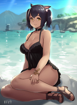 accessory black_clothing black_dress black_hair breasts butt clothing cloud collar day dress female footwear gold_ring hair hair_accessory looking_at_viewer mountain outside sandals shoes sitting smile solo water yellow_eyes houtengeki animal_humanoid humanoid 2015 digital_media_(artwork)