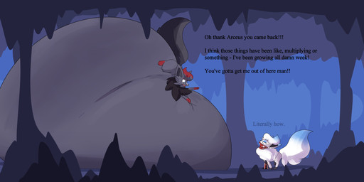 belly belly_expansion big_belly bloated cave dialogue expansion feral fur grey_body grey_fur grey_tail huge_belly hyper hyper_belly inflation onomatopoeia scarf slime sound_effects stalactite stalagmite tail text white_body white_fur white_tail extraextisential nintendo pokemon djevel_(extraextisential) unknown_name_(extraextisential) generation_5_pokemon generation_8_pokemon hisuian_form hisuian_zorua pokemon_(species) regional_form_(pokemon) shiny_pokemon zorua 2025 2:1 absurd_res english_text hi_res