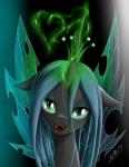 black_body blue_hair crown eyelashes fangs female feral glowing green_eyes hair headgear heart_symbol horn insect_wings long_hair looking_at_viewer magic open_mouth smile solo teeth tongue wings zigword friendship_is_magic hasbro my_little_pony queen_chrysalis_(mlp) arthropod changeling 2013