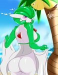 alolan_exeggutor alolan_form beach big_breasts big_butt blush bottomless breasts butt butt_focus clothed clothing clothing_lift detailed_background dress dress_lift female gardevoir generation_3_pokemon generation_7_pokemon glistening glistening_body hi_res looking_at_viewer looking_back nintendo no_underwear pandaman90 pokemon pokemon_(species) presenting presenting_hindquarters rear_view regional_form_(pokemon) sea seaside side_boob solo standing thick_thighs water wingull