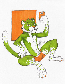 anthro bottomwear bulge cellphone cheek_tuft claws closed_smile clothed clothing electronics facial_tuft fangs feet fur head_tuft holding_cellphone holding_object holding_phone holding_smartphone looking_at_viewer male male_anthro markings mouth_closed no_pupils orange_bottomwear orange_claws orange_clothing orange_eyes orange_nose phone simple_background sitting slim_anthro slim_male smartphone smile soles solo spots spotted_arms spotted_body spotted_fur spotted_markings spotted_tail tail tail_markings teeth topless tuft hufnaar felid mammal 2018 dated hi_res signature