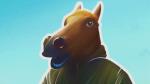 ambiguous_gender animal_mask anthro blue_background blush brown_body brown_eyes brown_fur clothed clothing fur hair hoodie horse_mask mask open_mouth orange_hair simple_background solo teeth topwear syynx equid equine horse mammal 16:9 2015