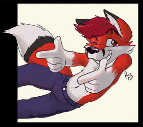 action_pose anthro blue_bottomwear blue_clothing blue_pants bottomwear clothed clothing dipstick_ears dipstick_tail ear_markings finger_gun fur gesture gloves_(marking) grin hair hand_gesture jumping logo looking_at_viewer male male_anthro markings multicolored_ears navel one_eye_closed pants pose red_body red_eyes red_fur red_hair short_hair simple_background smile solo tail tail_markings topless white_background young young_anthro young_male pandapaco canid canine fox mammal artist_logo signature