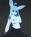 anthro anthrofied blue_body blue_eyes blue_fur breasts clothed clothing clothing_lift eyelashes female fur hair hand_on_chest heart_eyes heart_symbol kneeling nipples partially_clothed pokemorph presenting presenting_breasts simple_background smile smug solo submissive submissive_female teeth tednotbob nintendo pokemon mora_(tednotbob) eeveelution generation_4_pokemon glaceon humanoid pokemon_(species) 3d_(artwork) 5:6 absurd_res digital_media_(artwork) hi_res portrait