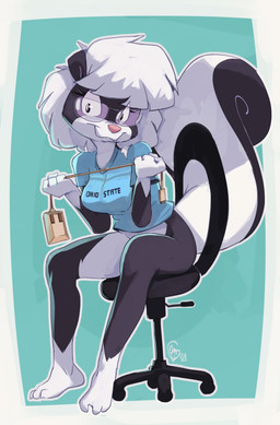 3_toes 4_fingers anthro blue_background blue_clothing blue_shirt blue_topwear border bottomless bottomless_anthro bottomless_female breasts chair clothed clothing computer_mouse cord eyewear feet female fingers fur furniture glasses gloves_(marking) hair holding_computer_mouse holding_cord holding_object leg_markings looking_at_viewer markings mouth_closed multicolored_body multicolored_fur office_chair on_chair shirt simple_background sitting sitting_on_chair smile socks_(marking) solo tail text text_on_clothing toes topwear two_tone_body white_body white_border white_hair wide_eyed edtropolis ohio_state_university sabrina_online sabrina_(sabrina_online) mammal mephitid skunk 2025 absurd_res hi_res signature