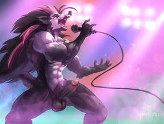 abs anthro balls black_body black_fur blurred_background cheek_tuft claws crotch_tuft electronics erection eyes_closed facial_tuft fangs finger_claws fur genitals glans hair humanoid_genitalia humanoid_penis lights long_hair male microphone muscular muscular_anthro muscular_male nude open_mouth penis rock_out_with_your_cock_out singing snout solo spread_legs spreading standing teeth tongue tuft white_body white_fur tenebscuro nintendo pokemon generation_8_pokemon mammal obstagoon pokemon_(species) hi_res shaded watermark