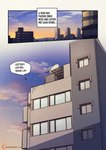 absurd_res apartment building city cloud comic detailed_background dialogue english_text hi_res lester_(risenpaw) light morning ness_(risenpaw) nintendo outside panel_skew pokemon risenpaw scenery star sunlight text two_panel_image