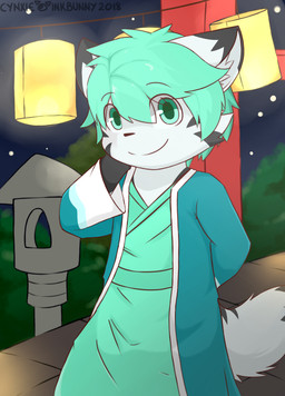 ambiguous_gender anthro black_body black_fur blue_eyes blue_hair fur hair hand_behind_head lamp lantern looking_at_viewer male solo white_body white_fur young young_anthro young_male yukuta furcynxied canid canine felid fox hybrid mammal pantherine tiger absurd_res hi_res