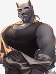 anthro biceps canid canine clothed clothing digital_media_(artwork) fur hachi_duchi hair hi_res kemono looking_at_viewer male mammal muscular muscular_anthro muscular_male one_eye_closed simple_background solo topwear wink